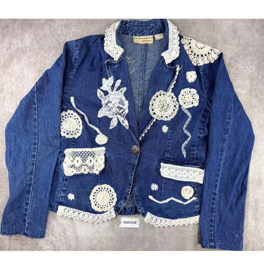 Carrie Allen Denim Blazer Crochet Lace Doily Applique Boho Jacket Blue Medium